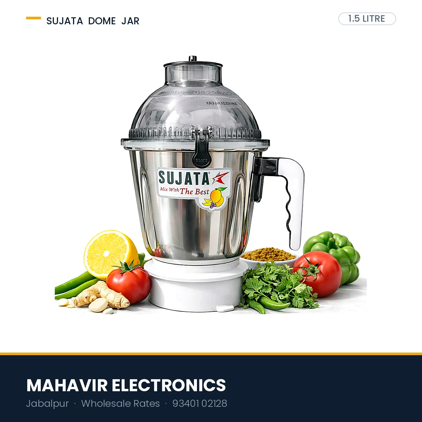 Sujata Dome Jar 1500ml Stainless Steel Wet Grinding Jar - for 900W Models