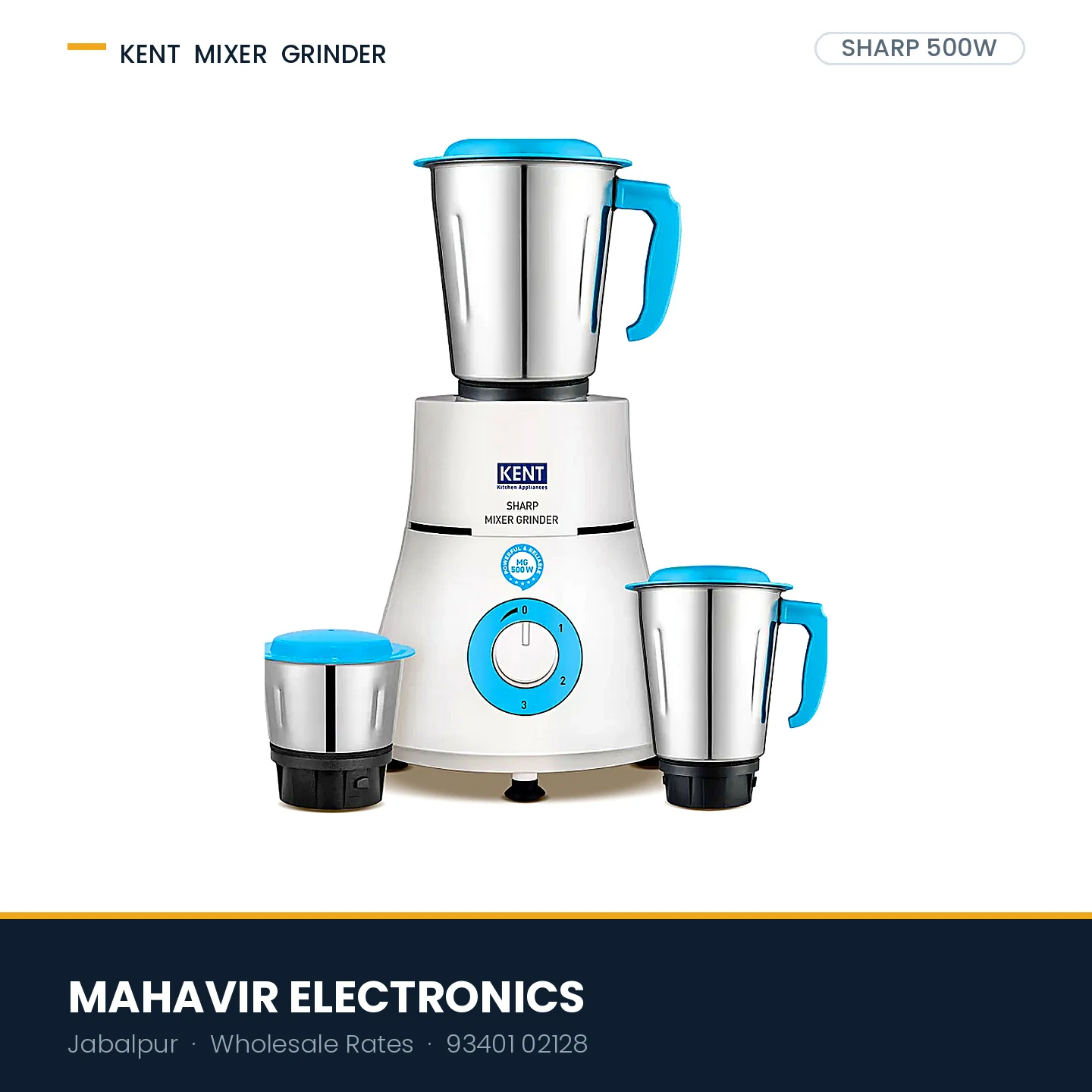 KENT Sharp Mixer Grinder – 500W Motor with 3 Stainless Steel Jars